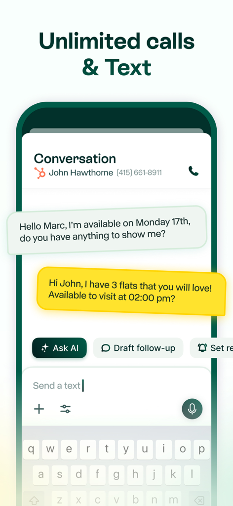 La aplicación de teléfono empresarial con IA de Allo muestra una conversación de texto con seguimiento y opciones de recordatorio impulsados por IA