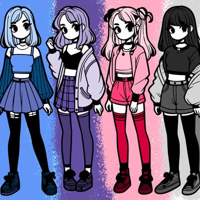 one girl with crop-top shirt and a jacket with a skirt, long socks and another girl with a shirt and pants with a jacket