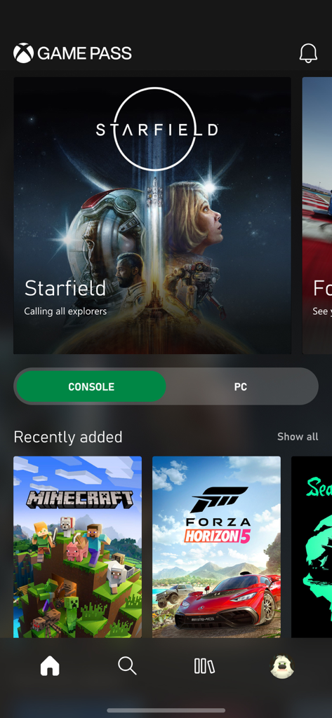 Xbox Game Pass App-Dashboard mit Starfield-Banner und kürzlich hinzugefügten Spielen wie Minecraft und Forza Horizon 5