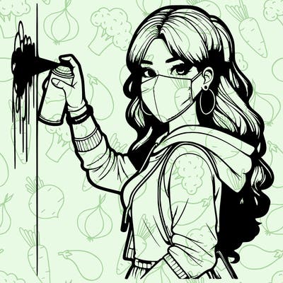 realistic girl with mask spray painting a wall