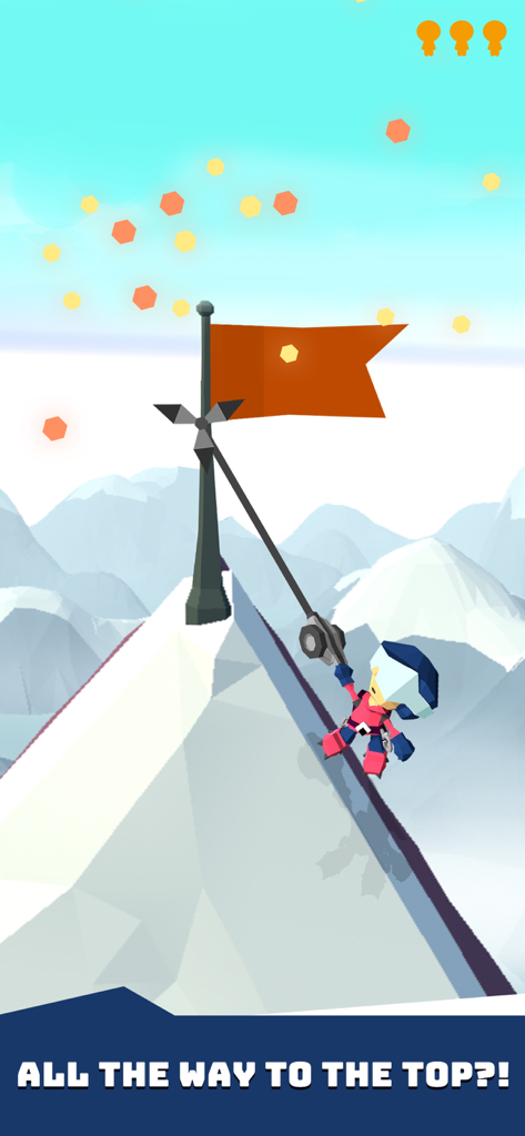 Hang Line: Mountain Climber - 산악 등반가 캐릭터가 Hang Line 게임에서 정상 깃발에 도달하고 있습니다.