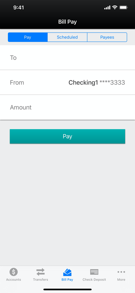 Rechnungszahlungs-Benutzeroberfläche der Associated Credit Union Mobile App mit Optionen zur Bezahlung von Rechnungen von einem Girokonto.