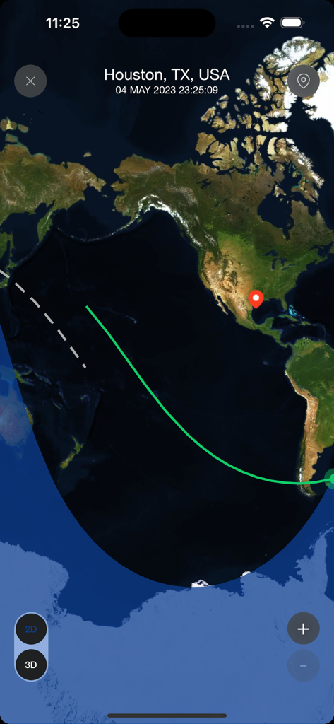 A 2D map view in the Spot the Station app showing the International Space Station's trajectory and user location.