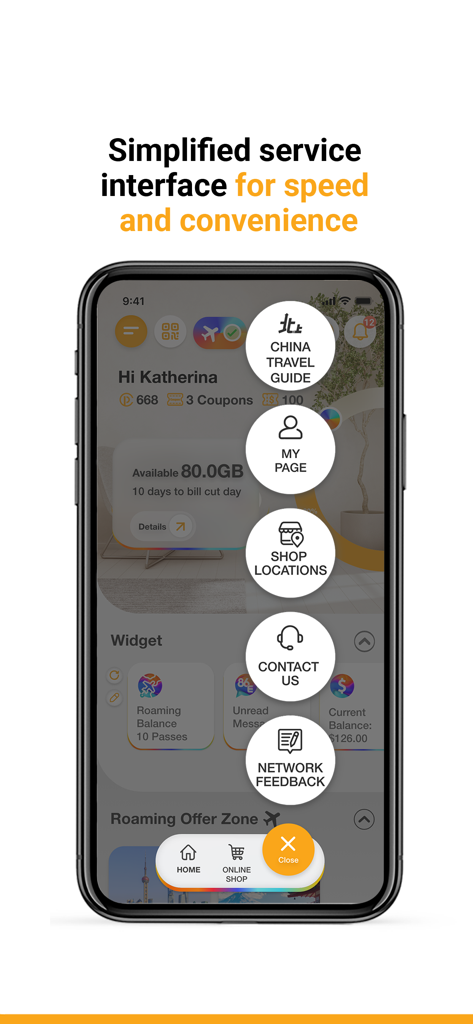 Uma captura de tela do aplicativo móvel csl mostrando uma interface de serviço simplificada com uso de dados, detalhes de saldo de roaming e ícones de menu de acesso rápido.