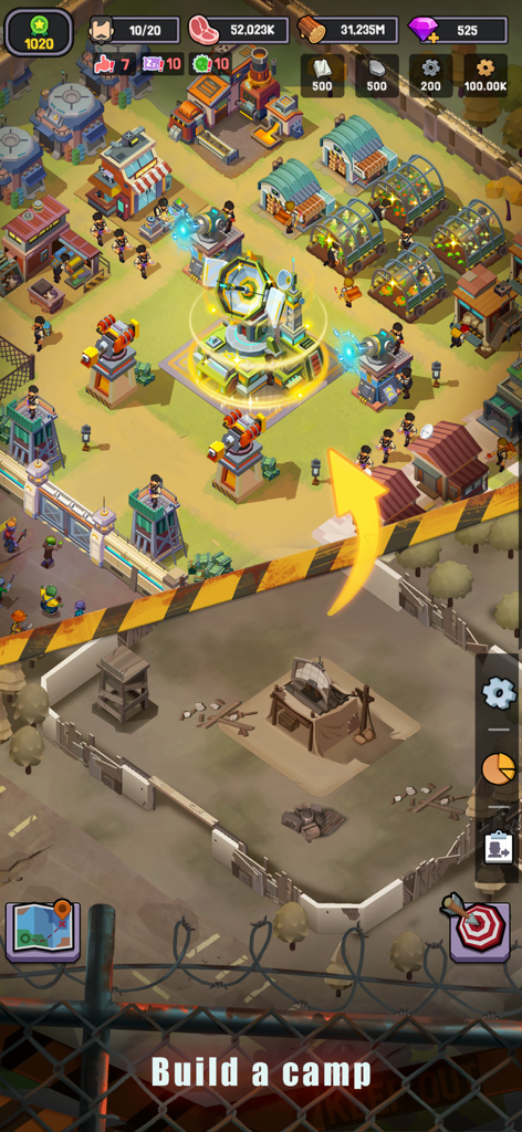 Survivor Base - Zombie Siege - A top down gameplay view of a fortified survivor camp with various production and defense buildings in an apocalypse setting