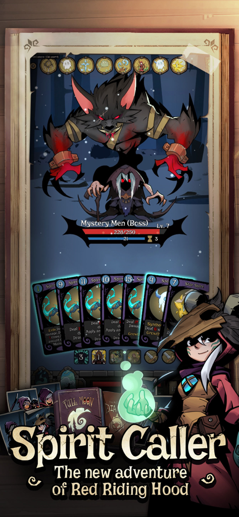 Night of the Full Moon - Una batalla de cartas contra un jefe hombre lobo en el juego móvil Night of the Full Moon Spirit Caller
