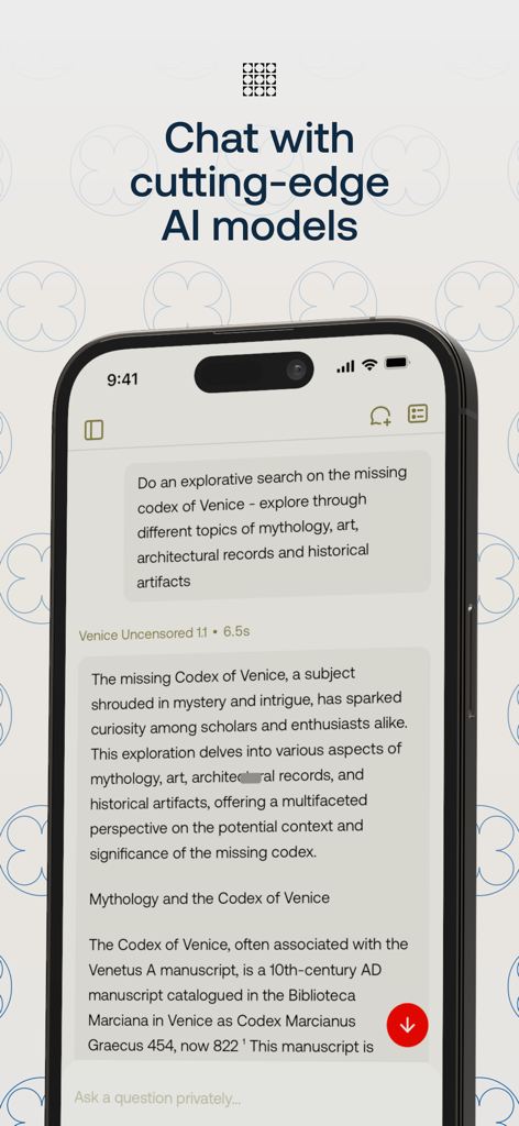 Interfaz de chat de Venice AI mostrando una búsqueda exploratoria sobre el códice perdido de Venecia usando un modelo de IA sin censura.