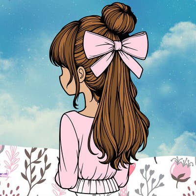 realistic girl  with hip length hair a bun and a big bow on the back of head