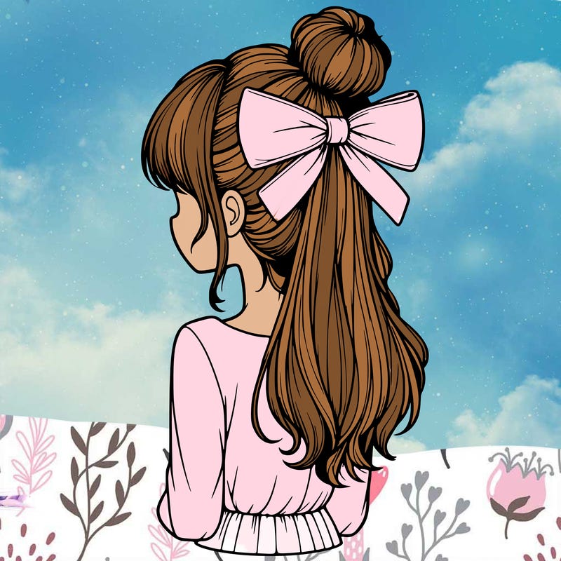 realistic girl  with hip length hair a bun and a big bow on the back of head