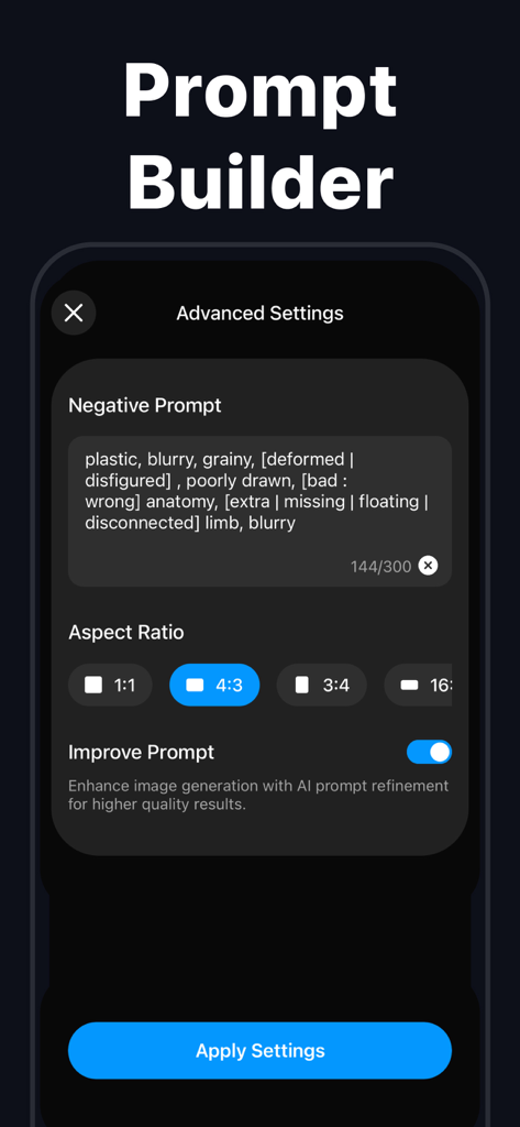 AI Photo Generator - AI Art - Erweiterte Einstellungen für den Eingabeaufforderungs-Builder in der KI-Foto-Generator-App, die negative Eingabeaufforderungen und Seitenverhältnisse zeigen.