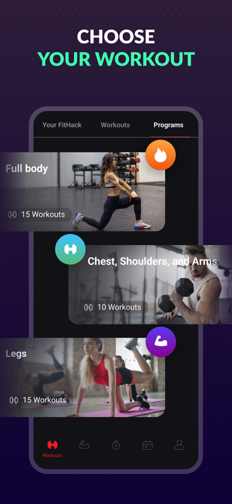 FitHack app interface displaying different workout programs like Full Body and Legs