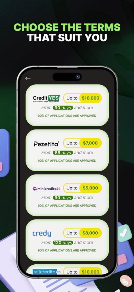 PréstamosClick - Una pantalla móvil que muestra una comparación de diferentes ofertas de préstamos personales con montos y plazos de pago específicos.