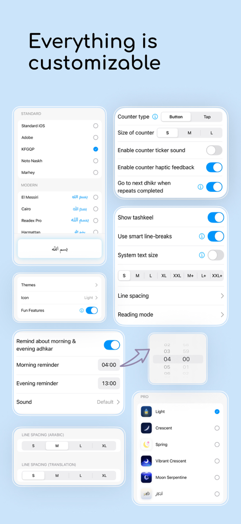 Écran des paramètres de personnalisation de l'application Azkar montrant les options de polices, thèmes et rappels.
