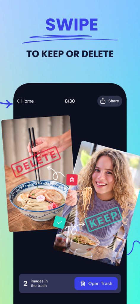 Interfaz de la aplicación Cleaner Guru que muestra una función de deslizar para ordenar para mantener o eliminar fotos de la galería.