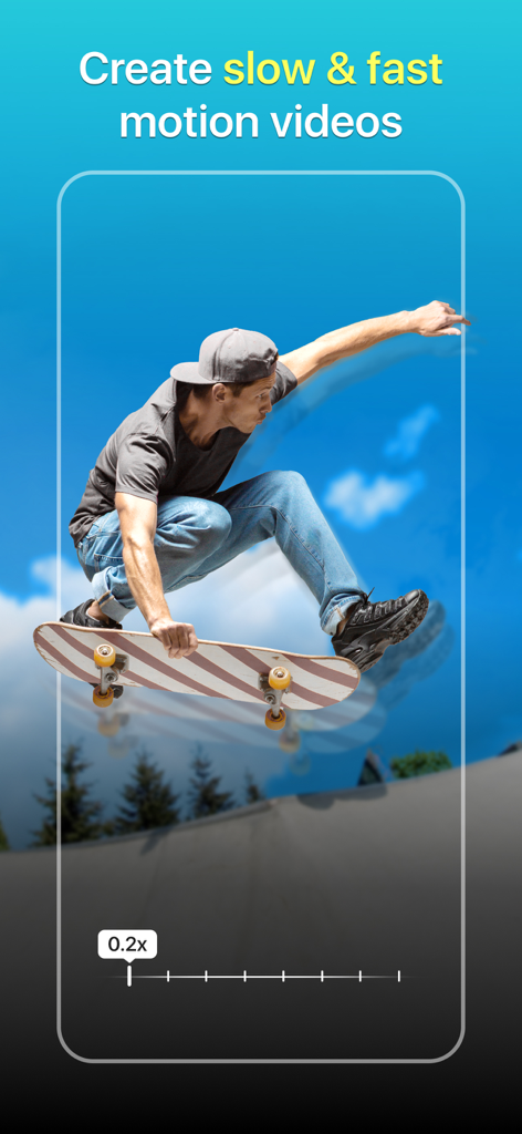 A skateboarder in mid-air with a 0.2x slow motion speed slider overlay