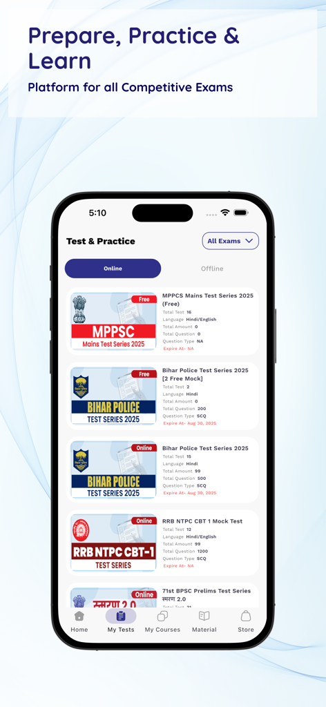 Khan Global Studies - Interface of the Khan Global Studies app showing a list of competitive exam test series including MPPSC and Bihar Police.