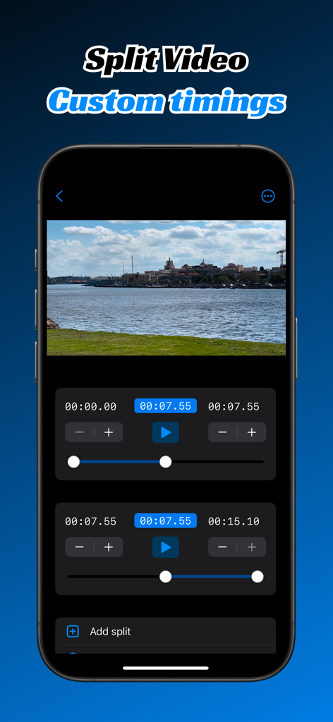 Pantalla de smartphone mostrando una interfaz de división de video con timecodes manuales y controles deslizantes de segmento personalizados para una edición de video precisa.