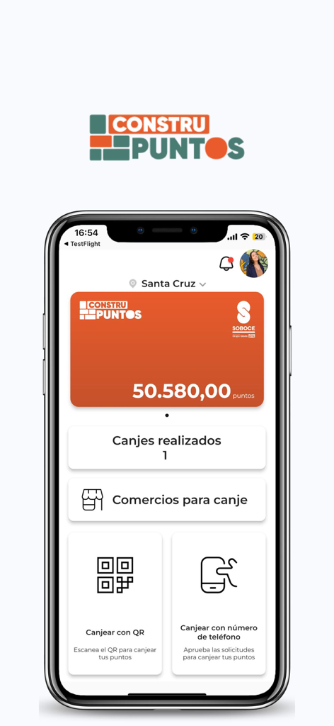 ConstruPuntos - ConstruPuntos app screen showing a digital loyalty card with points balance and redemption buttons.