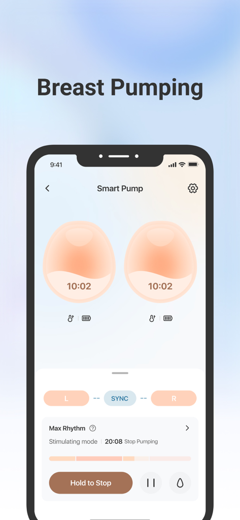 Smartphone-Bildschirm zeigt die Benutzeroberfläche der eufy Baby Smart Breast Pump mit Dual-Timern und Bedienelementen für die linke und rechte Seite