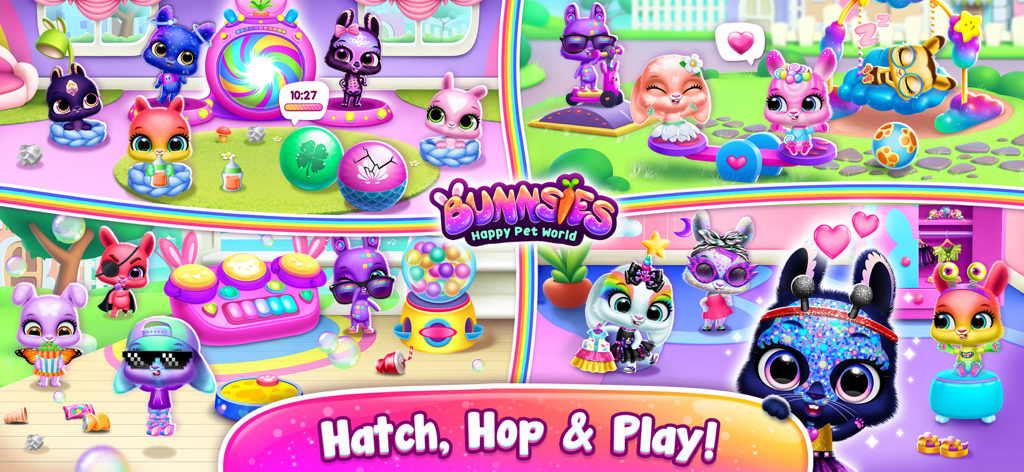 Bunnsies - Happy Pet World - Colage colorido de lindos conejos incubando y jugando en Bunnsies Happy Pet World