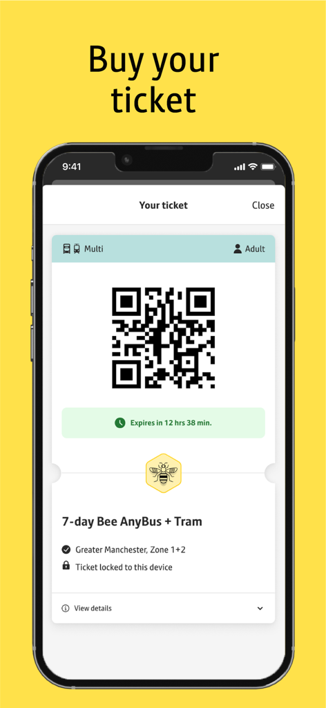 Bee Network - Um bilhete digital de 7 dias Bee AnyBus e Tram com um código QR exibido na aplicação Bee Network para viagens na Grande Manchester.