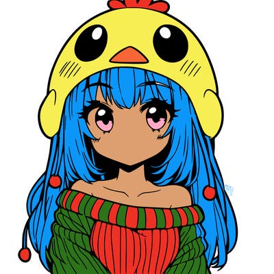 anime girl with chick shaped hat with sweater with bare shoulders with bangs covering them one eye with low tail