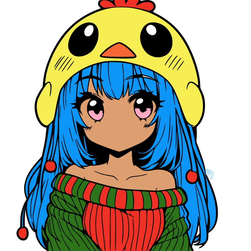 anime girl with chick shaped hat with sweater with bare shoulders with bangs covering them one eye with low tail
