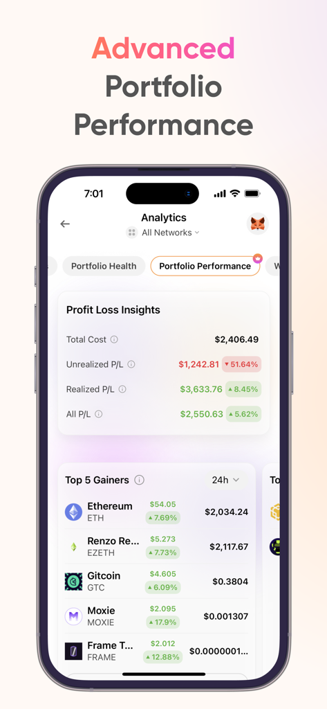 CoinStats: Crypto Portfolio - Aplicación CoinStats que muestra análisis avanzados de rendimiento de la cartera de criptomonedas e información sobre ganancias y pérdidas.