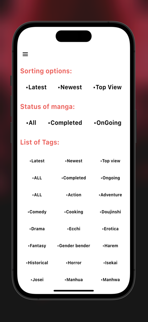 Interface de l'application MangaGo affichant les options de tri des mangas, les filtres d'état d'achèvement et une liste complète de tags de genre, y compris Isekai, Manhwa et Action.
