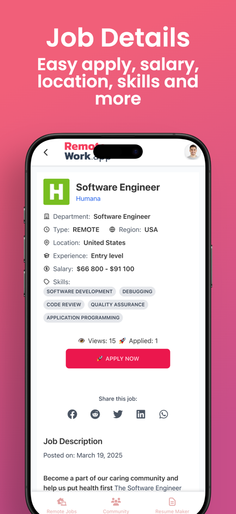 Remote-Work.app - remote jobs - 급여 및 기술을 포함한 원격 소프트웨어 엔지니어 채용 정보 세부 정보를 보여주는 모바일 앱 스크린샷