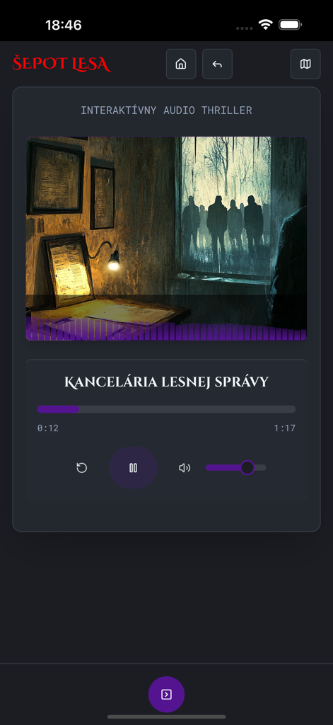 Šepot lesa - Interactive audio thriller interface with an eerie illustration of silhouettes through a window
