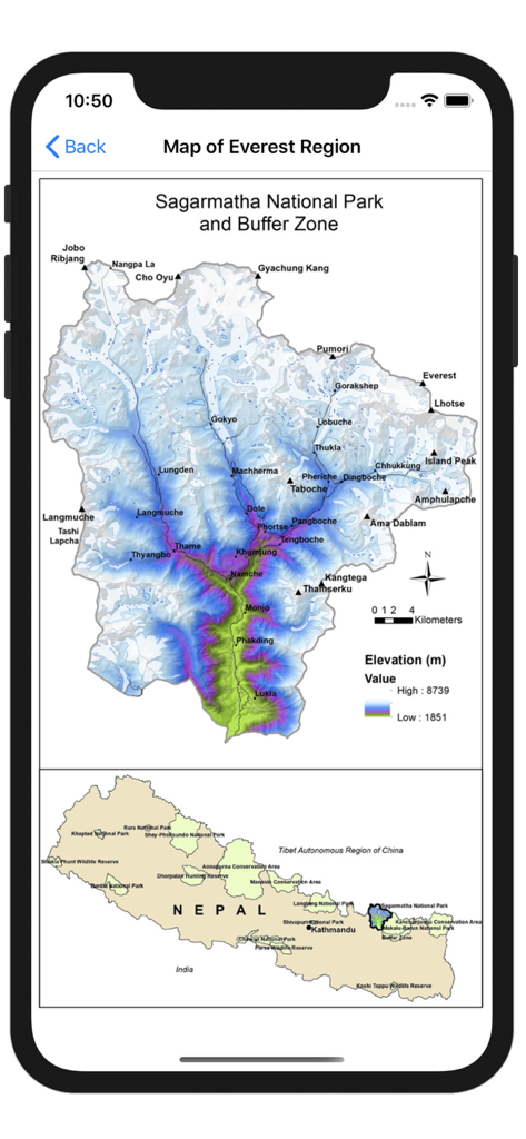 Wildflowers of Mount Everest - Topographical map of Sagarmatha National Park in the Everest region showing elevation zones and major peaks
