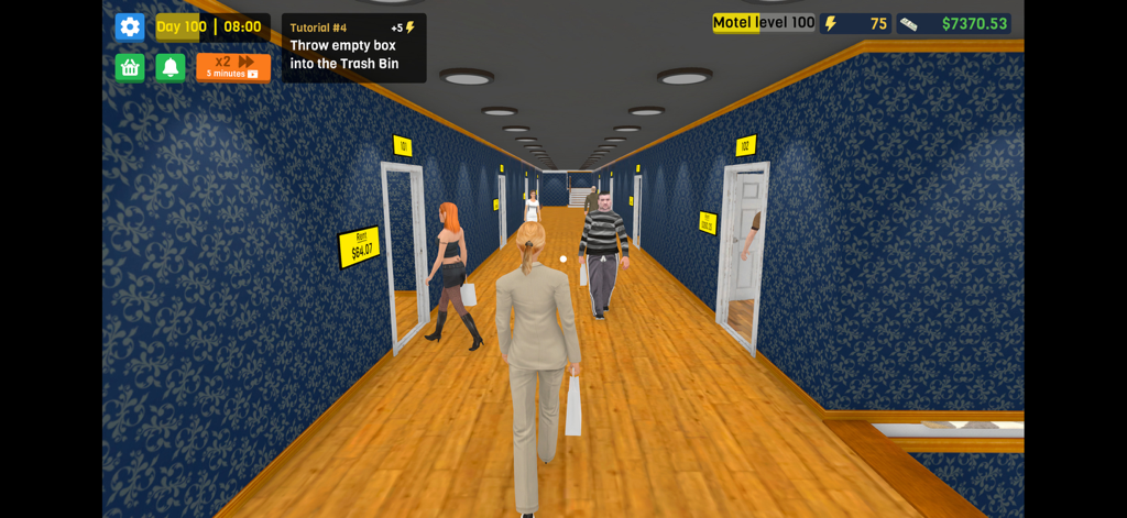 City Hotel Simulator - Gameplay-Screenshot von City Hotel Simulator, der einen dekorierten Hotelflur mit Gästen und Zimmertüren zeigt.