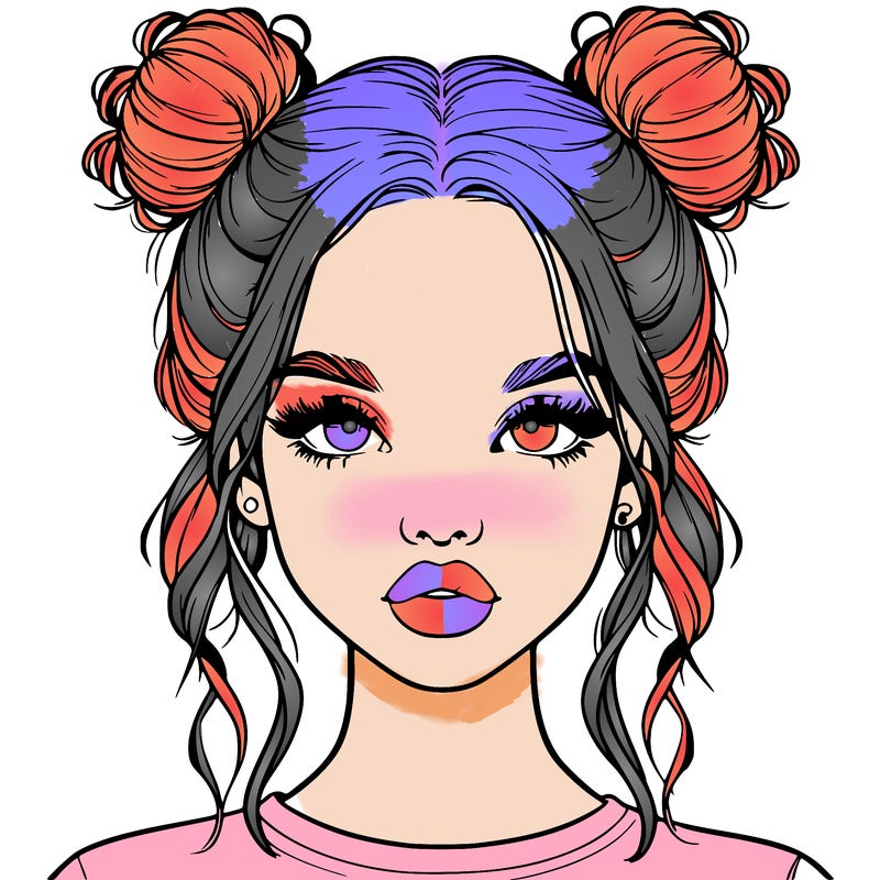 realistic girl with two buns in hair and lips