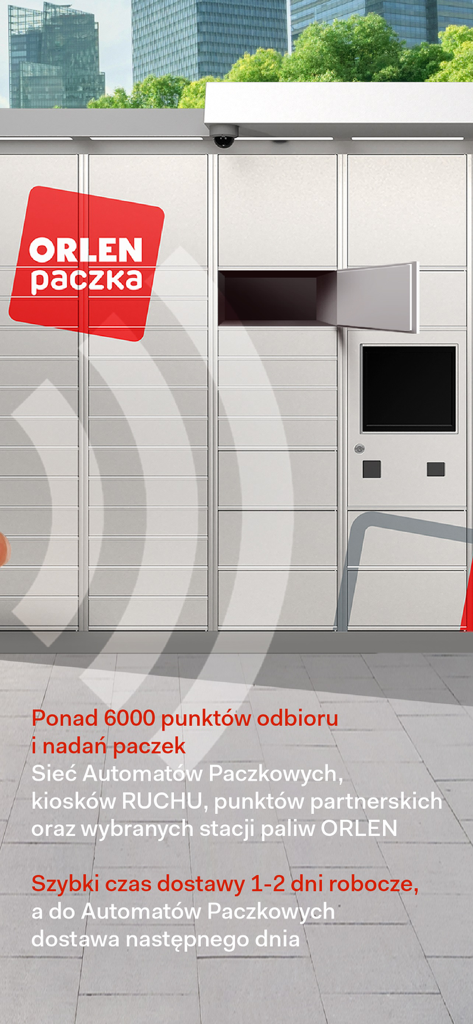 ORLEN Paczka - An ORLEN Paczka automated parcel locker station with one compartment open and promotional text about delivery speed