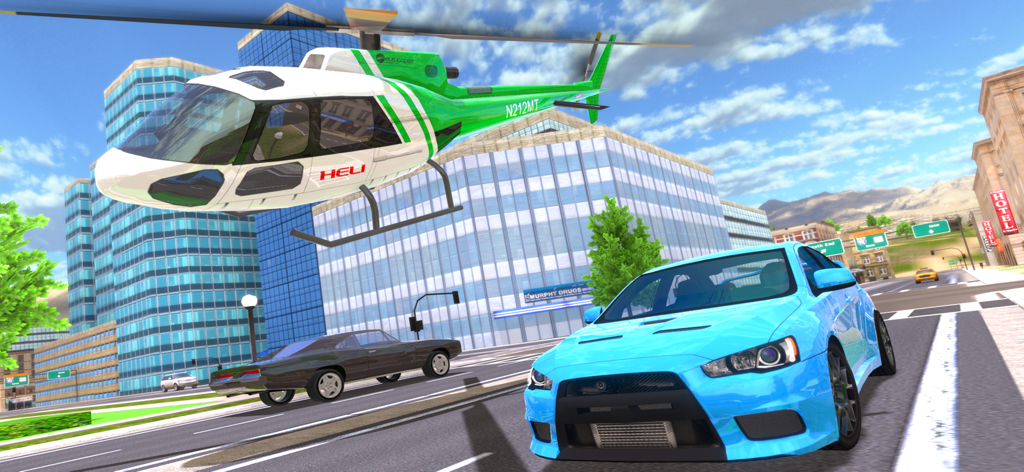 Helicopter Flying: Car Driving - A green and white helicopter flying over a blue sports car in an open world city environment.