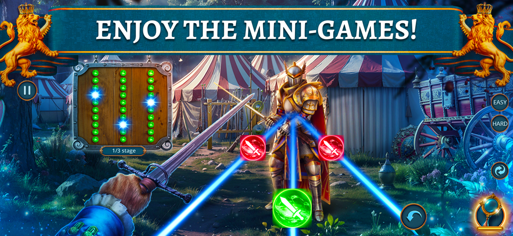 Hidden Objects: Witch F2P - Un minijuego de fantasía de la aplicación Objetos Ocultos Bruja F2P con un caballero con armadura dorada y un acertijo lógico basado en gemas.