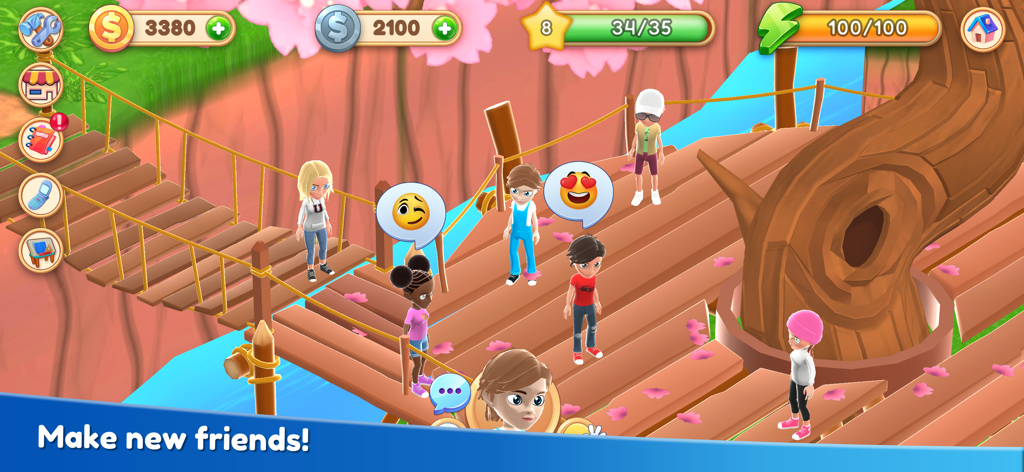 Avatares interactuando con emojis en un puente de madera en el mundo virtual de Home Valley.