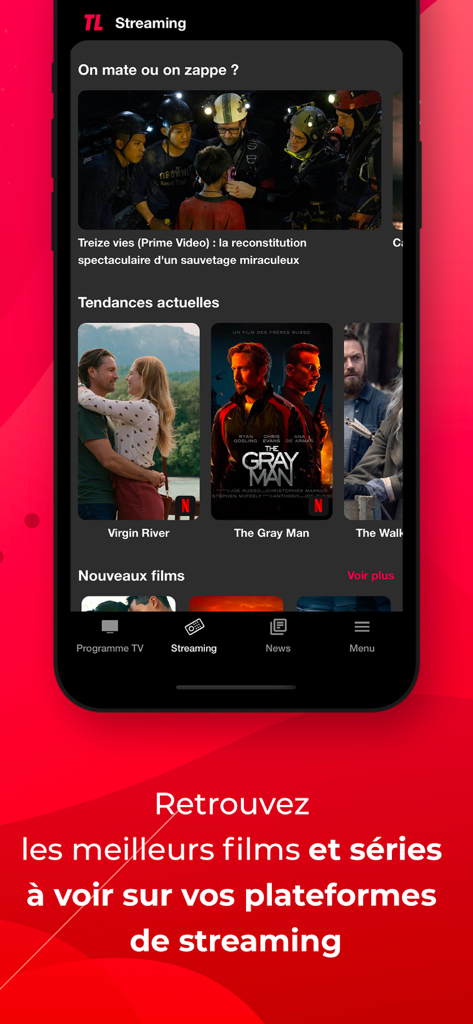 Programme TV Télé-Loisirs - Interface de l'application Tele-Loisirs montrant la section streaming avec des recommandations de films pour Netflix et Prime Video