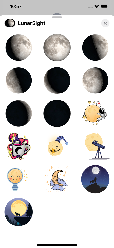 Una colección de pegatinas de fases lunares y temática celestial para iMessage, que incluyen fases lunares realistas e ilustraciones caprichosas.