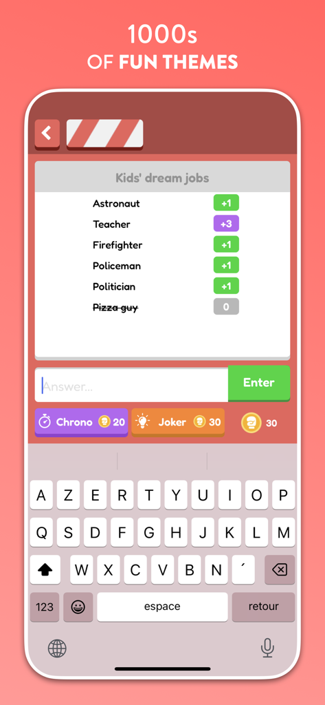 Gameplay screenshot of QuizUp trivia game showing the category Kids dream jobs with answers like Astronaut and Teacher