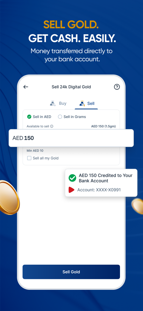 Interface of Just Gold app showing how to sell digital gold and withdraw cash to a bank account