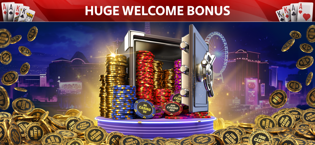 ラスベガスの夜の街並みを背景に、ポーカーチップがあふれる開いた金庫が描かれた巨大なウェルカムボーナス