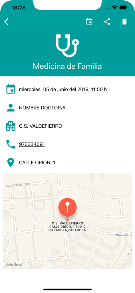 Detalles de una cita médica en la aplicación Salud Informa, incluyendo fecha y mapa de ubicación