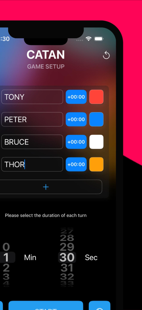 - Game Timer - - Mobile app interface for setting up a Catan board game timer with four players and a 90 second turn limit.