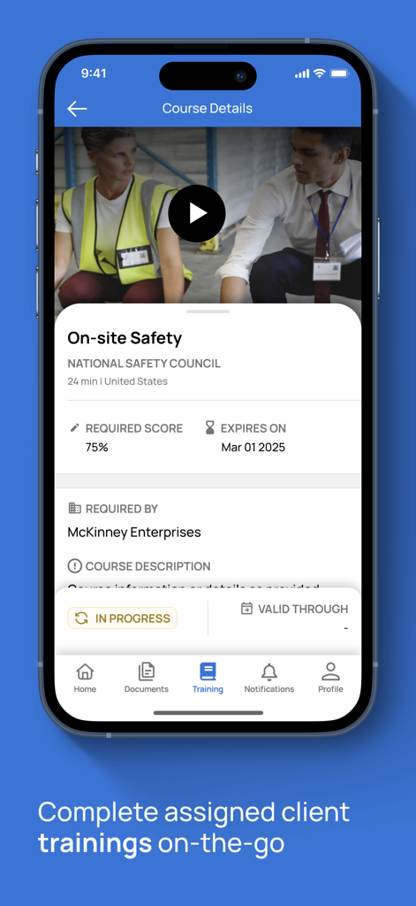 Empower by ISN mobile app displaying an on-site safety training course details page
