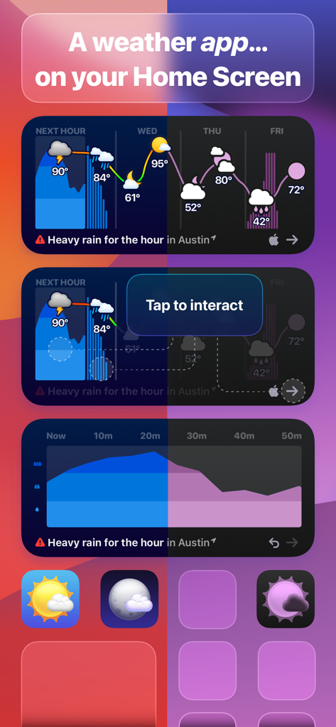 Widgets interativos da tela de início do iOS para o app Weather Up mostrando previsões horárias e diárias
