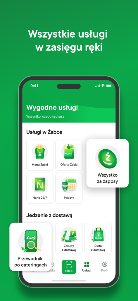 żappka: zakupy, promocje Żabka - żappka 앱 서비스 메뉴를 보여주는 스마트폰 화면으로 음식 배달, 자동 쇼핑 및 로열티 리워드 옵션 포함