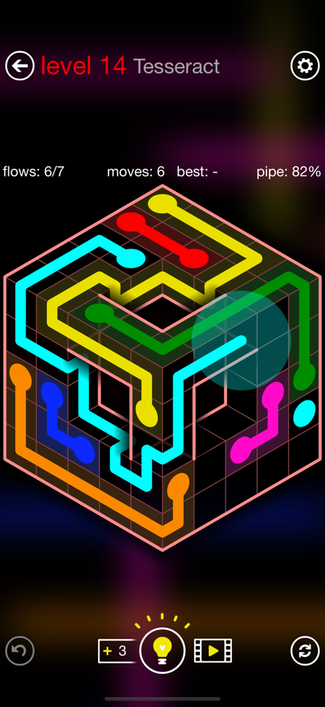 Flow Free Shapes gameplay showing a 3D isometric tesseract puzzle with colorful connected pipes