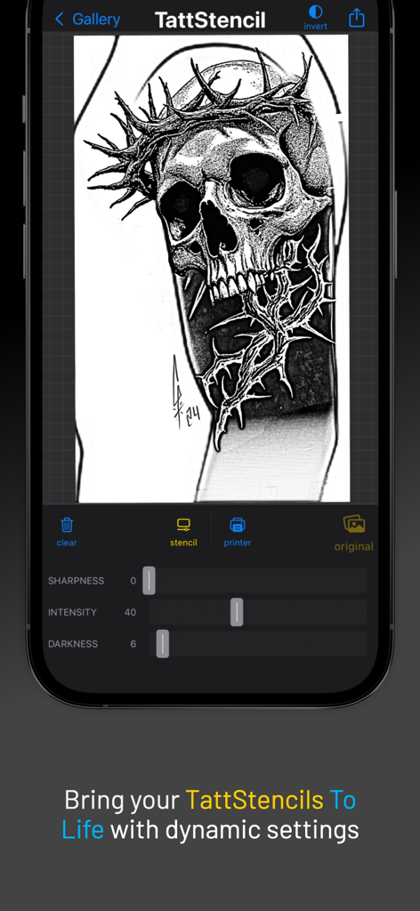 TattStencil • Tattoo Stencil - TattStencil app interface showing adjustable sharpness and intensity settings for a skull tattoo stencil.